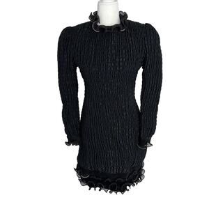 Vintage Jeanette for St. Martin Black Smocked Ruffle Cocktail Dress Stretch 6